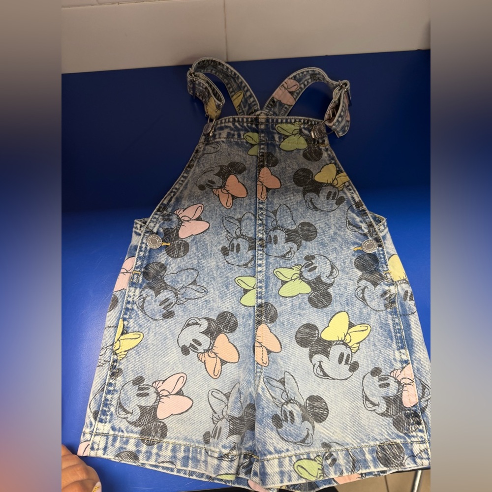 H&M Light Blue Denim Overalls with Pastel Minnie Print
